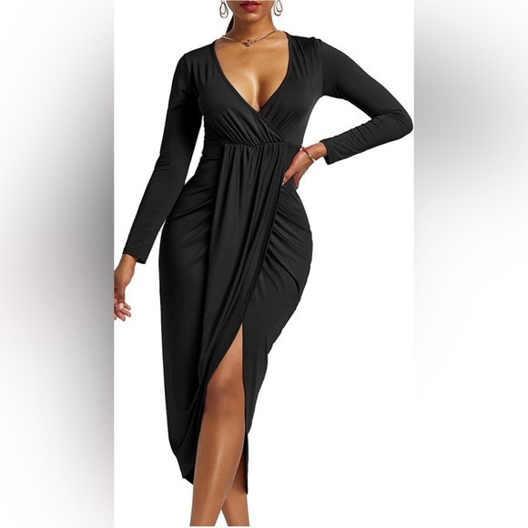 Women's V Neck Ruched Wrap Slit Hem Long Sleeve Bodycon Midi Dress - Picture 4 of 4